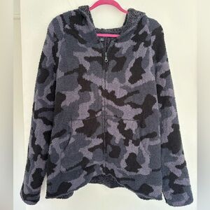 Barefoot Dreams CozyChic Women’s Gray Black Hooded Jacket Full Zip Camo Size XL